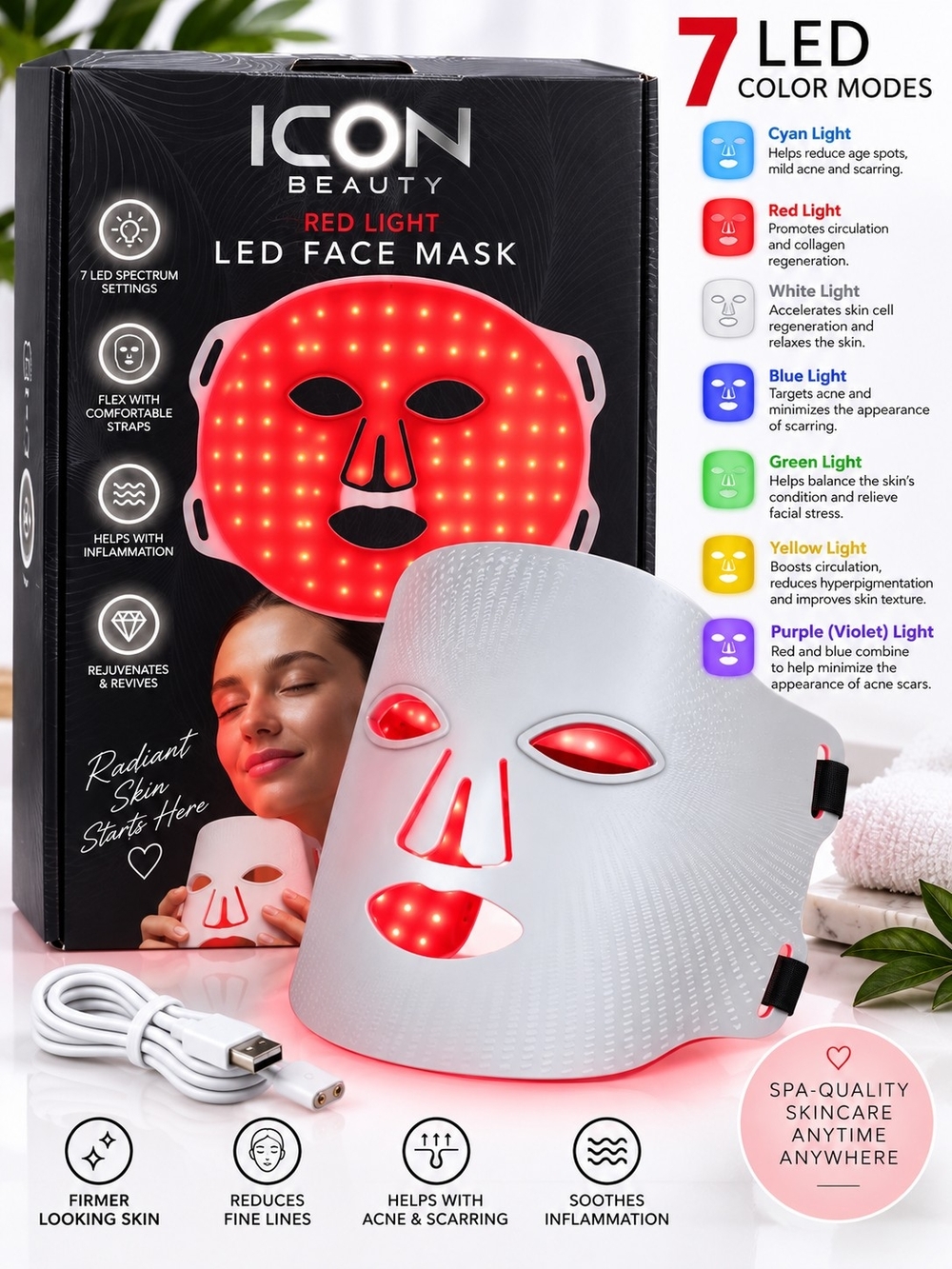 ICON Beauty Red Light LED Face Mask 7 Color Modes NIB W/ Free Creme Shop Lippie - Picture 2 of 7
